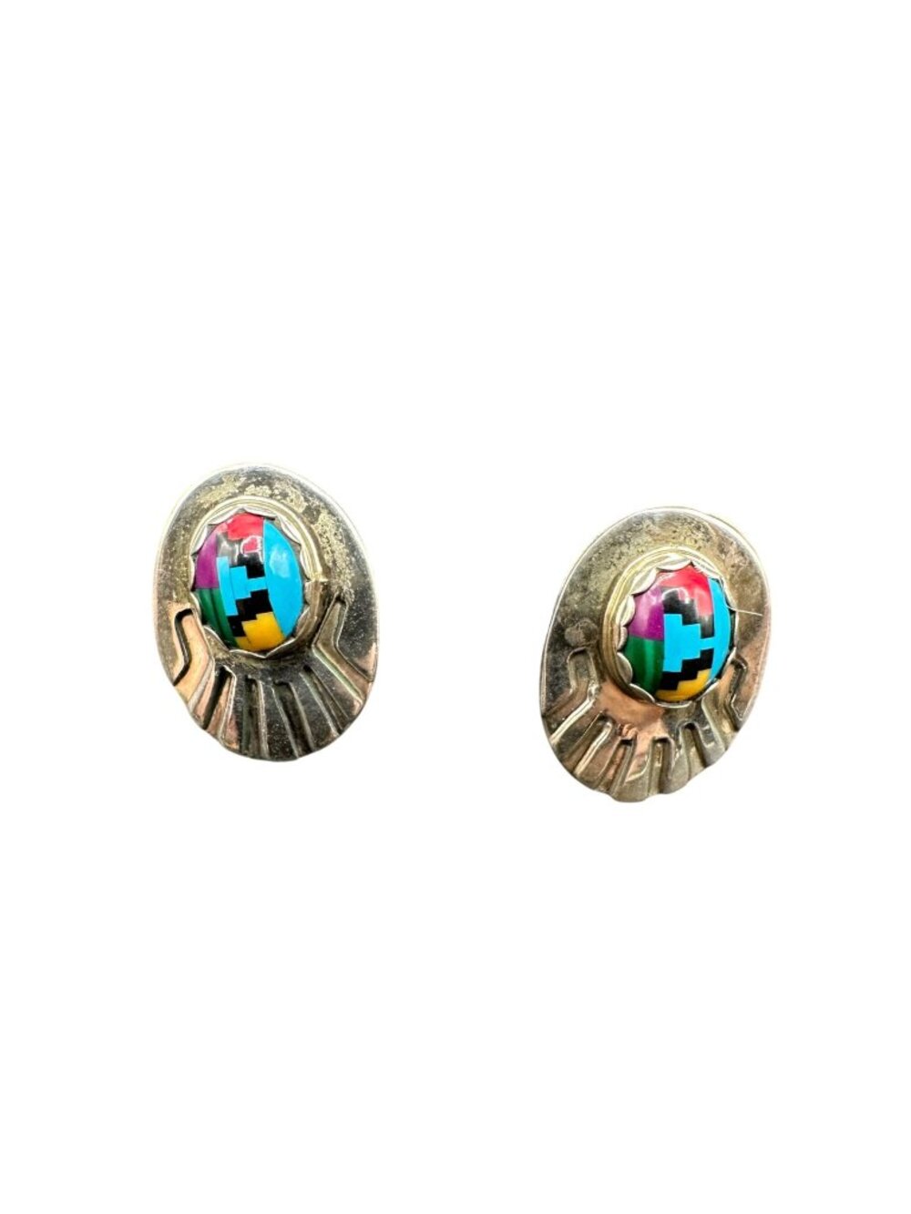 Vintage Signed "S.E" Sterling Silver Multi Stone Graphic Inlay Stud Earrings